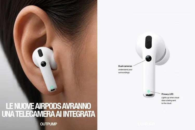 AirPod bianco con telecamera integrata e LED di privacy, indossato in un orecchio.