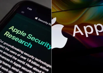 Logo Apple e pagina Apple Security Research su schermi smartphone.