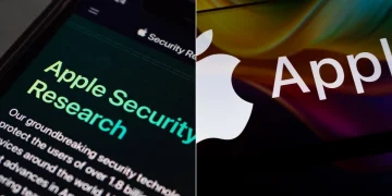 Logo Apple e pagina Apple Security Research su schermi smartphone.
