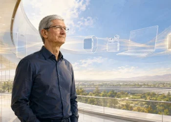 Tim Cook osserva il panorama di Apple Park con prodotti Apple olografici