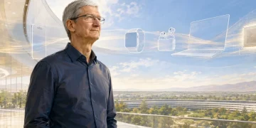 Tim Cook osserva il panorama di Apple Park con prodotti Apple olografici