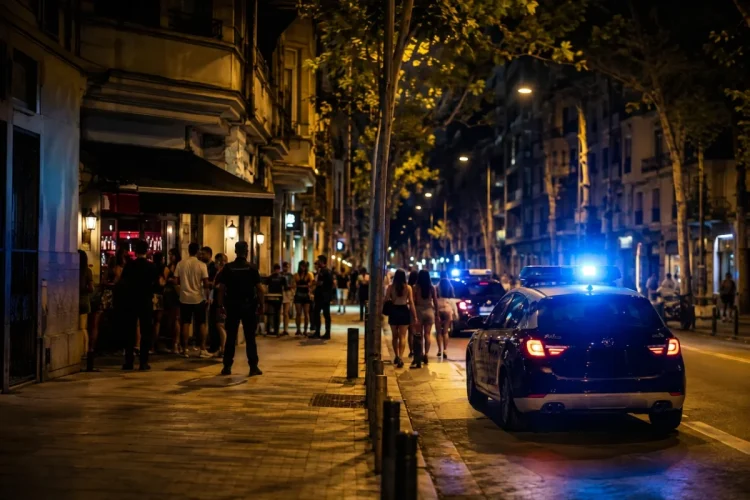 Auto della polizia in strada a Barcellona di notte con persone