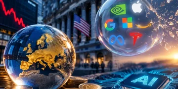 Globo Europa, monete, bolla tech USA che scoppia su chip AI