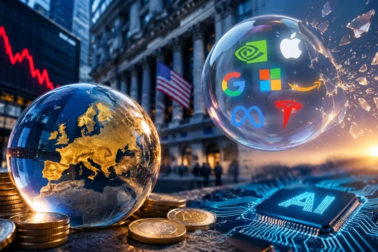 Globo Europa, monete, bolla tech USA che scoppia su chip AI