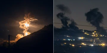 Esplosioni e fumo si alzano da colline illuminate di notte in Libano