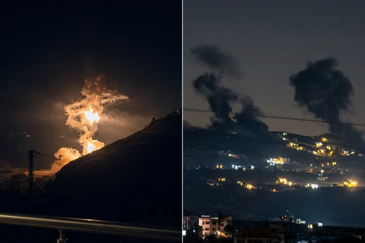 Esplosioni e fumo si alzano da colline illuminate di notte in Libano