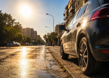 immagine di un'auto parcheggiata sull'asfalto in una gionata di caldo estremo