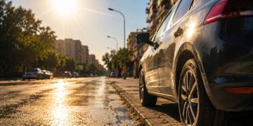 immagine di un'auto parcheggiata sull'asfalto in una gionata di caldo estremo