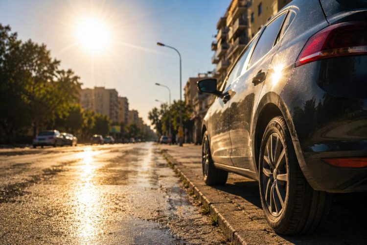 immagine di un'auto parcheggiata sull'asfalto in una gionata di caldo estremo