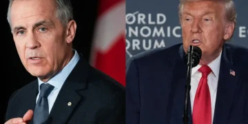 Mark Carney e Donald Trump, ritratti in primo piano, volti seri.