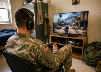 Soldato in mimetica gioca al videogioco sparatutto con cuffie