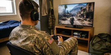 Soldato in mimetica gioca al videogioco sparatutto con cuffie