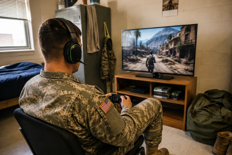 Soldato in mimetica gioca al videogioco sparatutto con cuffie