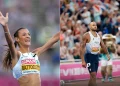 Nadia Battocletti festeggia con braccia alzate, Marcell Jacobs cammina sulla pista