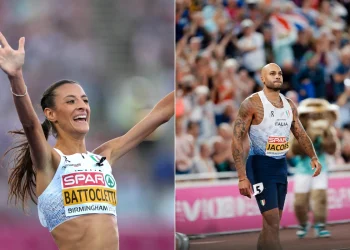 Nadia Battocletti festeggia con braccia alzate, Marcell Jacobs cammina sulla pista