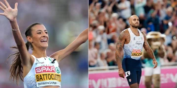 Nadia Battocletti festeggia con braccia alzate, Marcell Jacobs cammina sulla pista