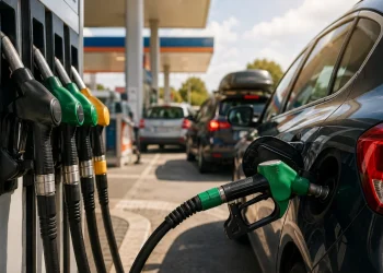 Pistola di rifornimento carburante verde inserita nel serbatoio auto, stazione di servizio.