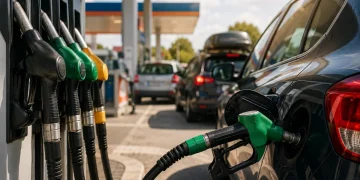 Pistola di rifornimento carburante verde inserita nel serbatoio auto, stazione di servizio.