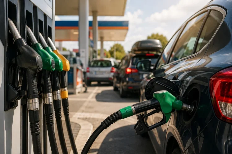 Pistola di rifornimento carburante verde inserita nel serbatoio auto, stazione di servizio.