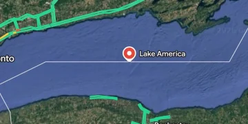 Schermata Google Maps, Lago Ontario etichettato erroneamente come "Lake America".