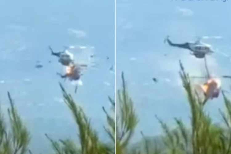 Due elicotteri si scontrano in volo sulla foresta, pezzi volano