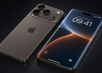 Due iPhone su sfondo nero, uno di fronte e uno di schiena