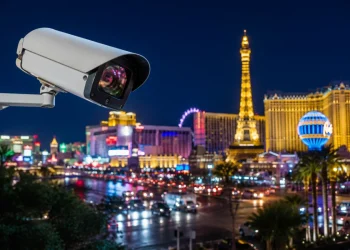 Telecamera di sorveglianza in primo piano, skyline notturna di Las Vegas illuminata.