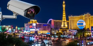 Telecamera di sorveglianza in primo piano, skyline notturna di Las Vegas illuminata.