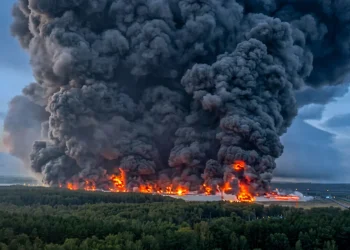 Vasto incendio con fumo nero denso si alza da un deposito.