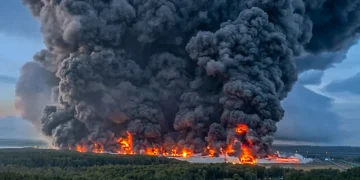 Vasto incendio con fumo nero denso si alza da un deposito.