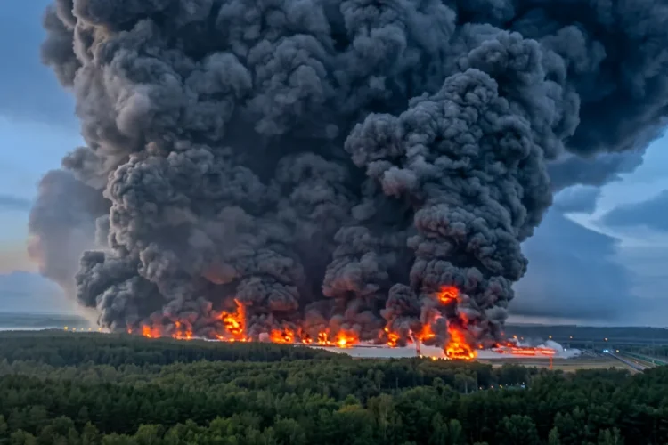 Vasto incendio con fumo nero denso si alza da un deposito.