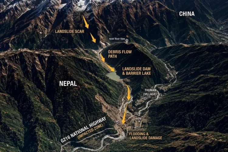 Lago barriera al confine Tibet-Nepal: ingegneri cinesi al lavoro