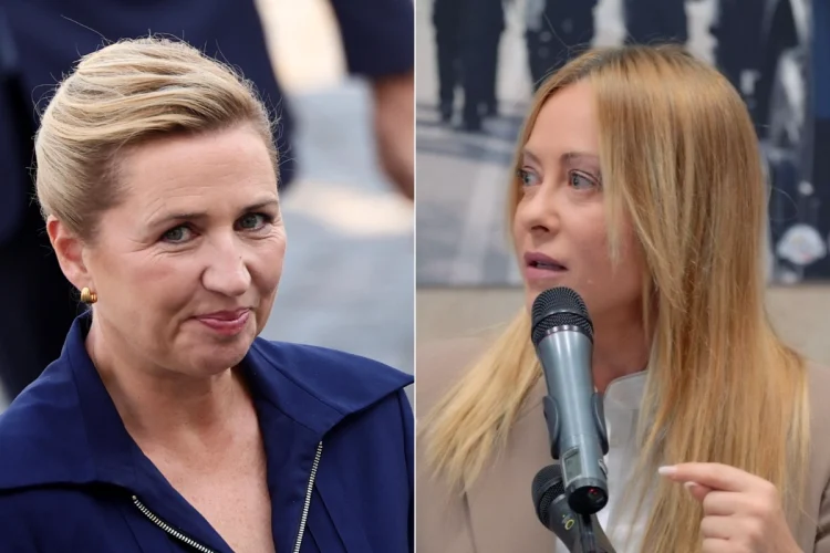 Mette Frederiksen e Giorgia Meloni in due ritratti distinti