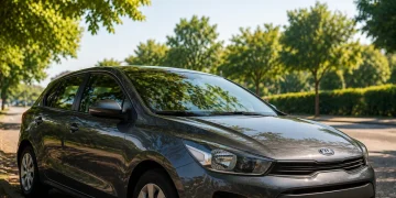 Berlina grigia parcheggiata su strada alberata sotto il sole estivo