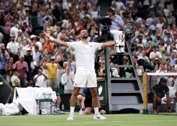 Novak Djokovic celebra vittoria sul campo da tennis, folla applaude