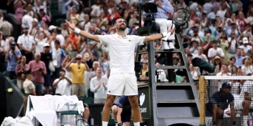 Novak Djokovic celebra vittoria sul campo da tennis, folla applaude