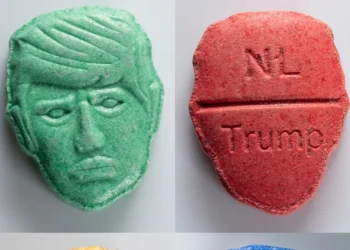 Quattro pasticche di ecstasy con volto o nome di Donald Trump.