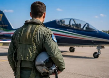 Pilota in divisa da volo osserva aereo militare italiano sulla pista.