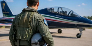 Pilota in divisa da volo osserva aereo militare italiano sulla pista.