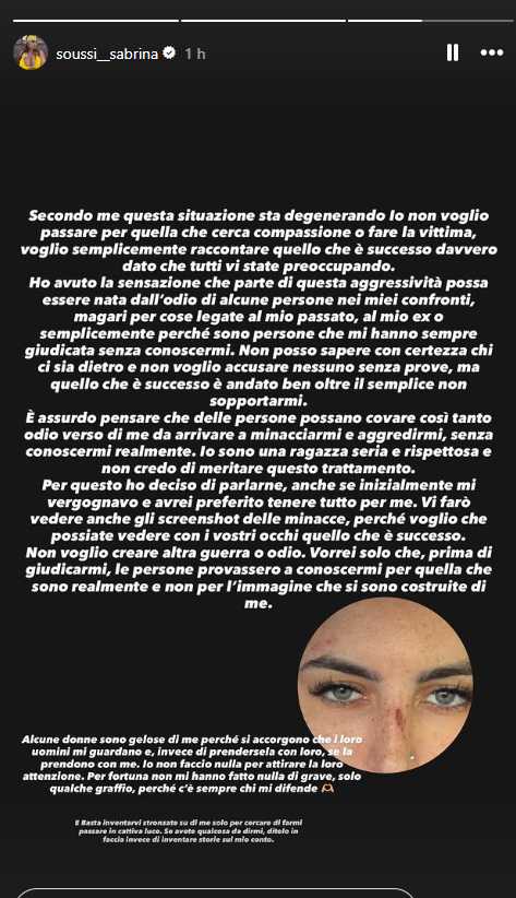 Sabrina Soussi screenshot sfogo Instagram