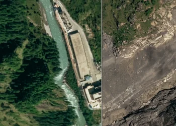 Vista satellitare di un fiume, zona verde prima e devastata dopo un alluvione.