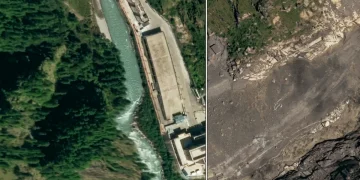 Vista satellitare di un fiume, zona verde prima e devastata dopo un alluvione.