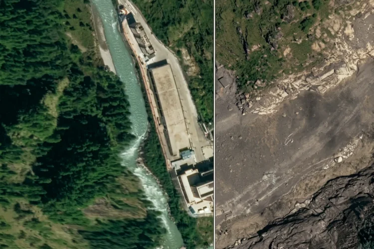 Vista satellitare di un fiume, zona verde prima e devastata dopo un alluvione.