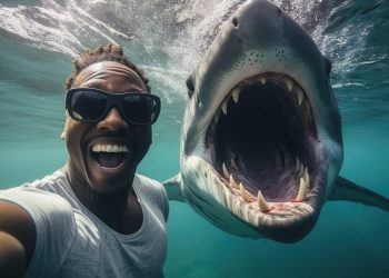 uomo che si scatta un selfie con uno squalo sott'acqua