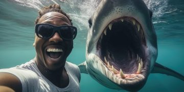 uomo che si scatta un selfie con uno squalo sott'acqua