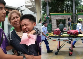 Due immagini: familiari disperati e soccorritori con barella dopo sparatoria in Thailandia.