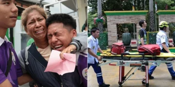 Due immagini: familiari disperati e soccorritori con barella dopo sparatoria in Thailandia.