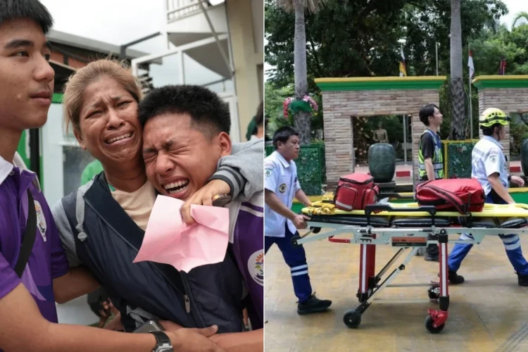 Due immagini: familiari disperati e soccorritori con barella dopo sparatoria in Thailandia.