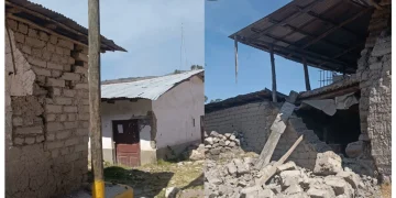 Edifici in adobe danneggiati e macerie dopo terremoto in Perù