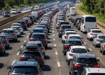 Lunga coda di auto ferme in autostrada durante il traffico estivo